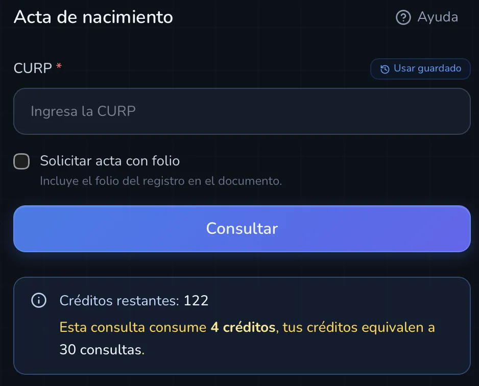 Formulario de consulta de acta con campo CURP y casilla de acta con folio