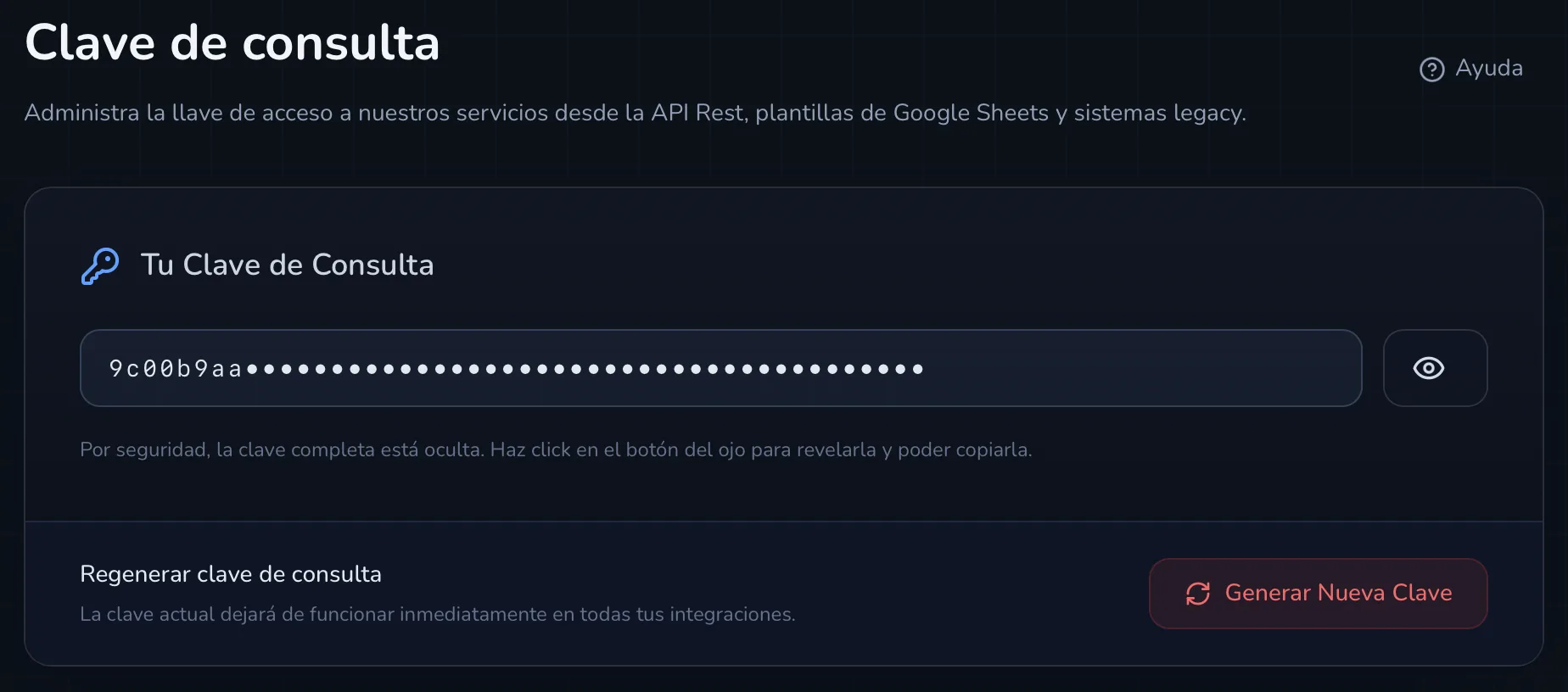 Pantalla de Clave de consulta (API Key) en el portal de Consulta Única