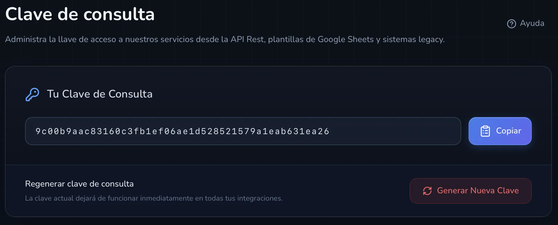 Acción de revelar y copiar la clave completa de la API
