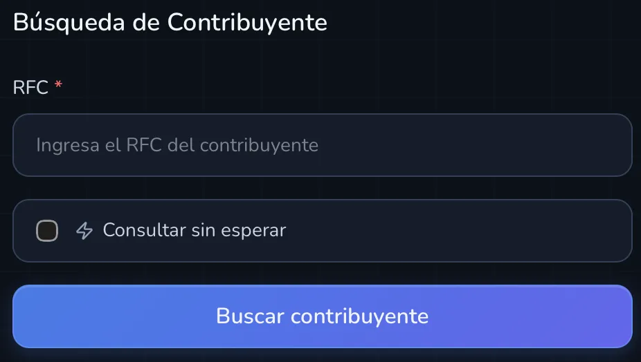 Formulario de búsqueda de contribuyente con campo RFC