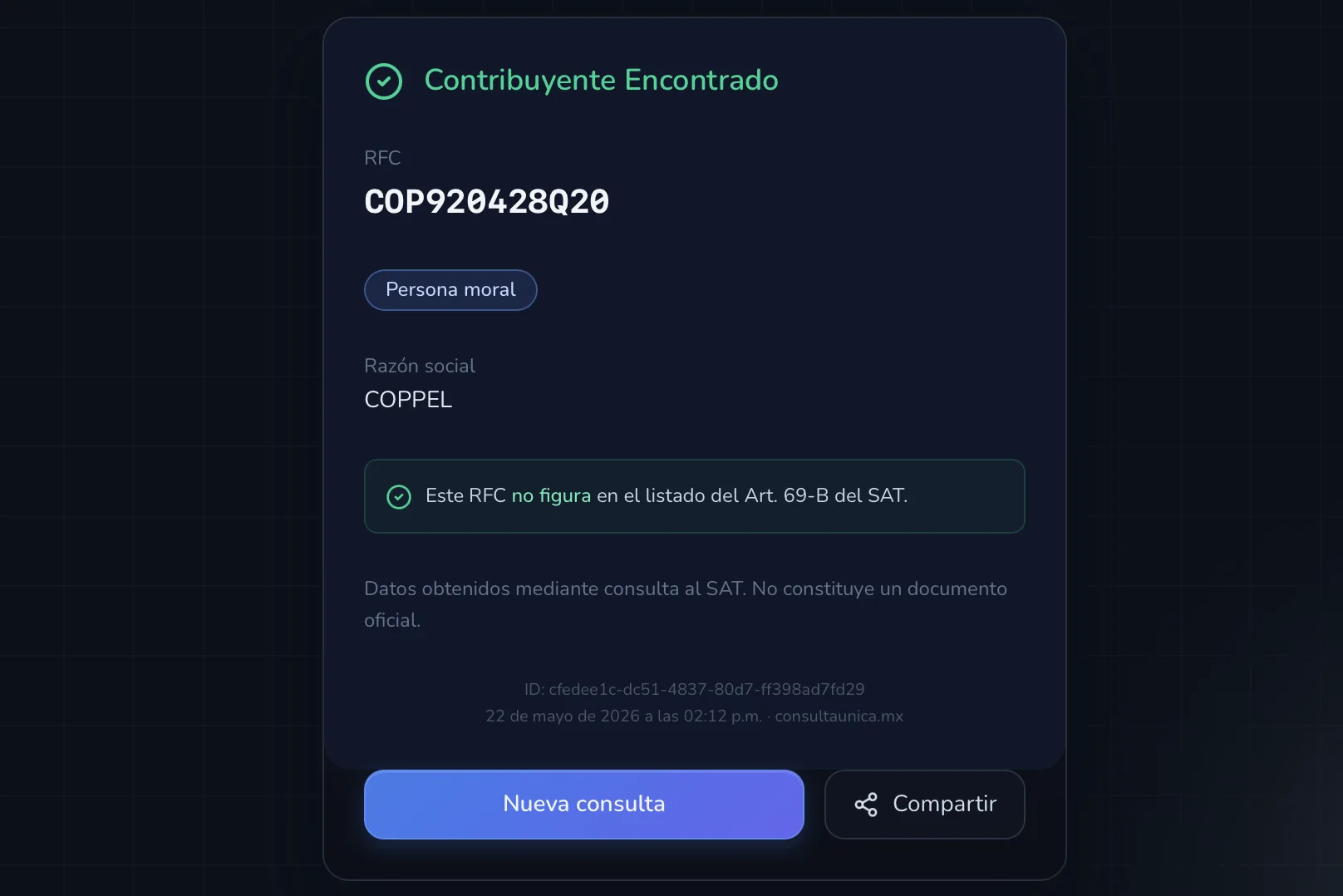 Resultado de búsqueda de contribuyente con nombre fiscal y bandera 69-B