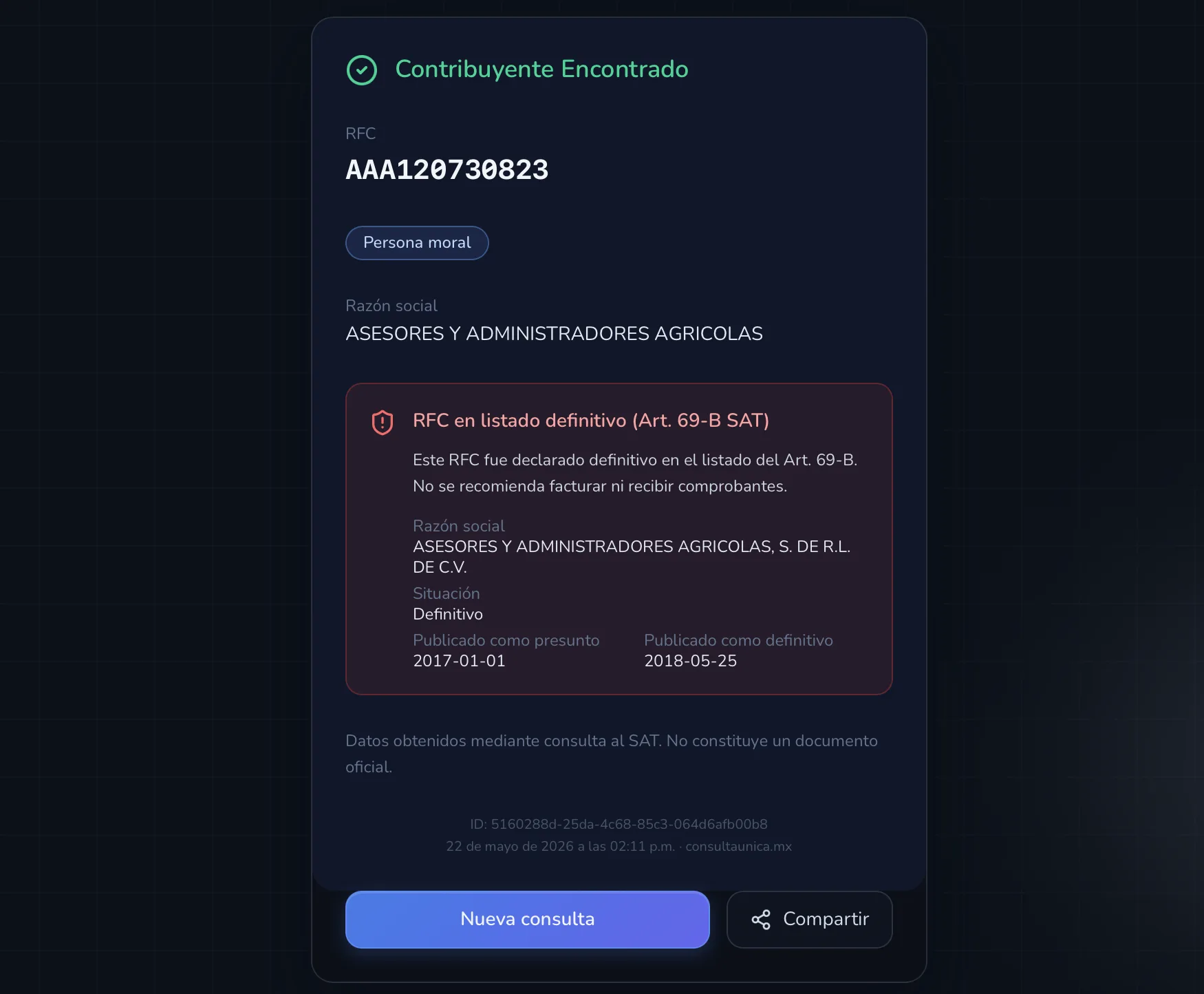 Detalle del Listado 69-B en el resultado de búsqueda de contribuyente