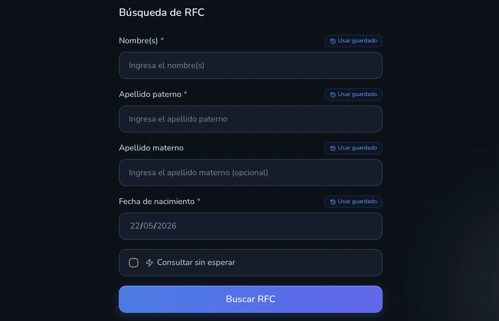 Formulario de búsqueda de RFC con campos nombre, apellido paterno, apellido materno y fecha de nacimiento