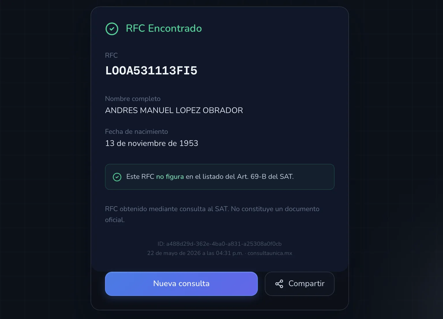 Resultado de búsqueda de RFC mostrando clave RFC y validación ante el SAT