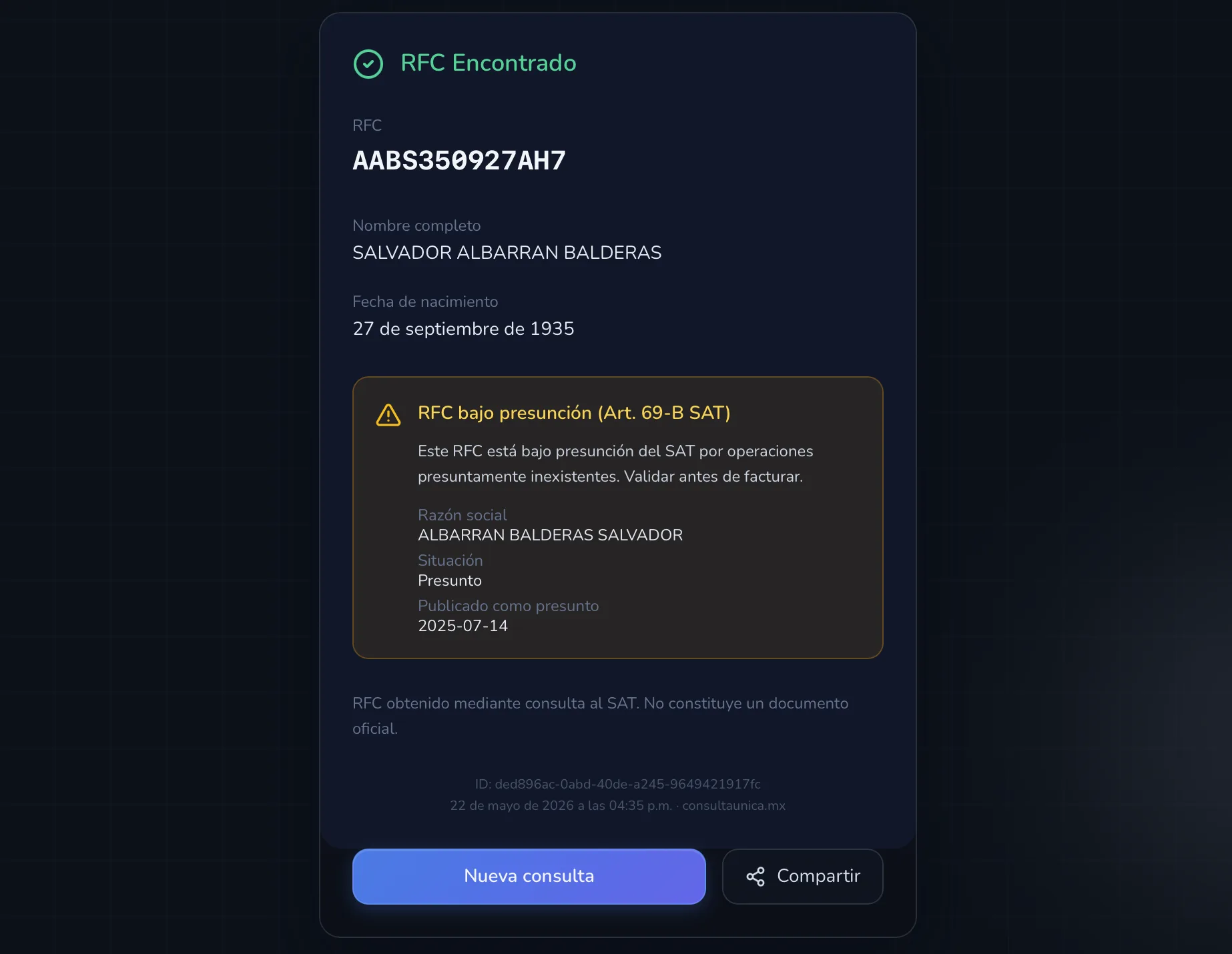 Detalle del Listado 69-B en el resultado de búsqueda de RFC