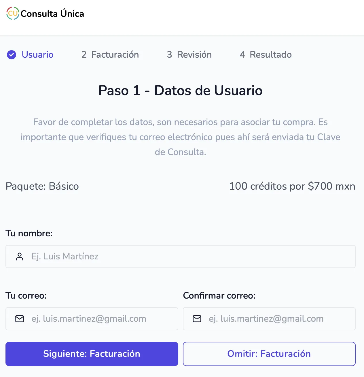 Formulario del paso 1 de compra con datos de usuario en Consulta Única