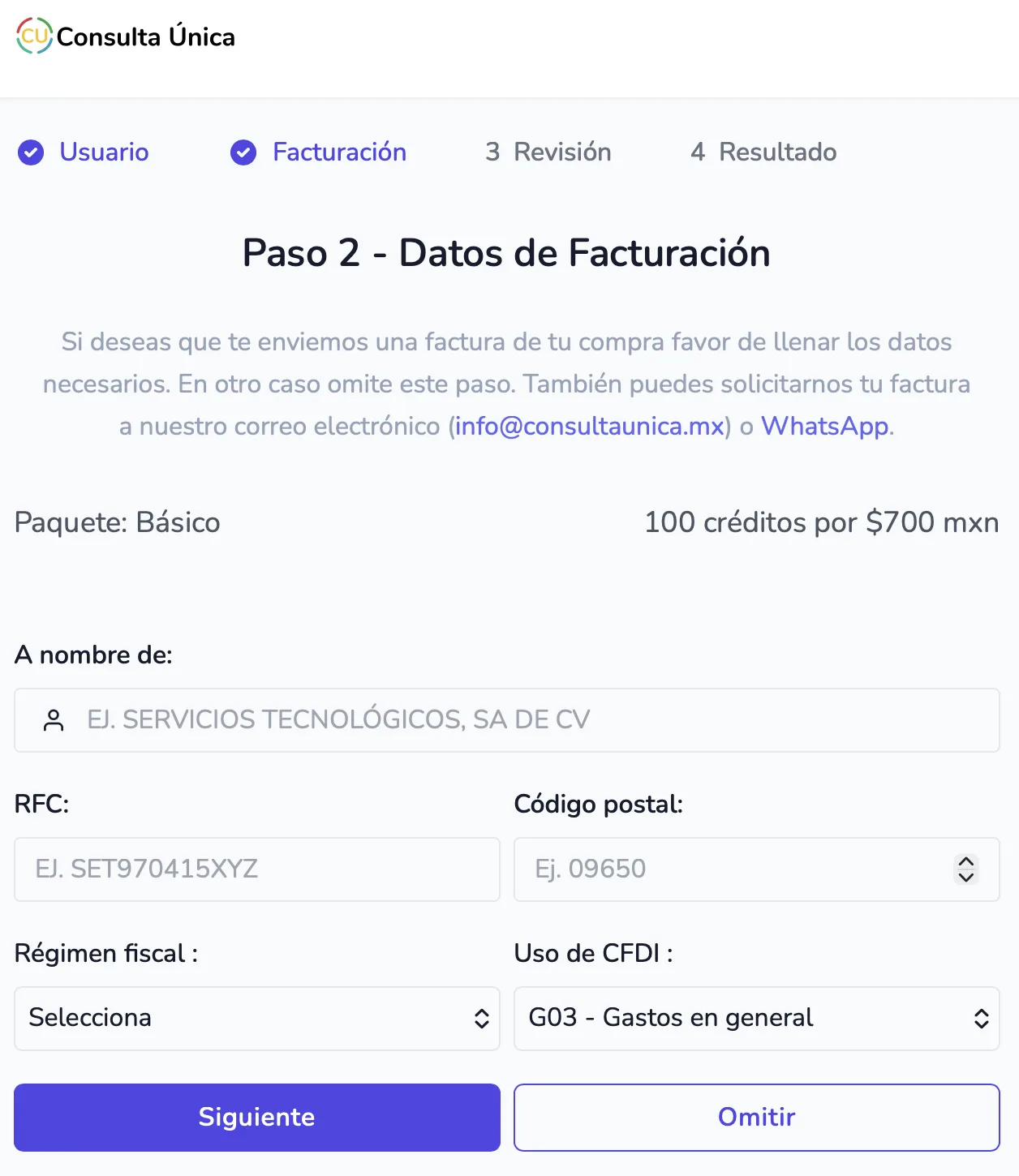 Formulario de datos de facturación CFDI en el paso 2 de compra
