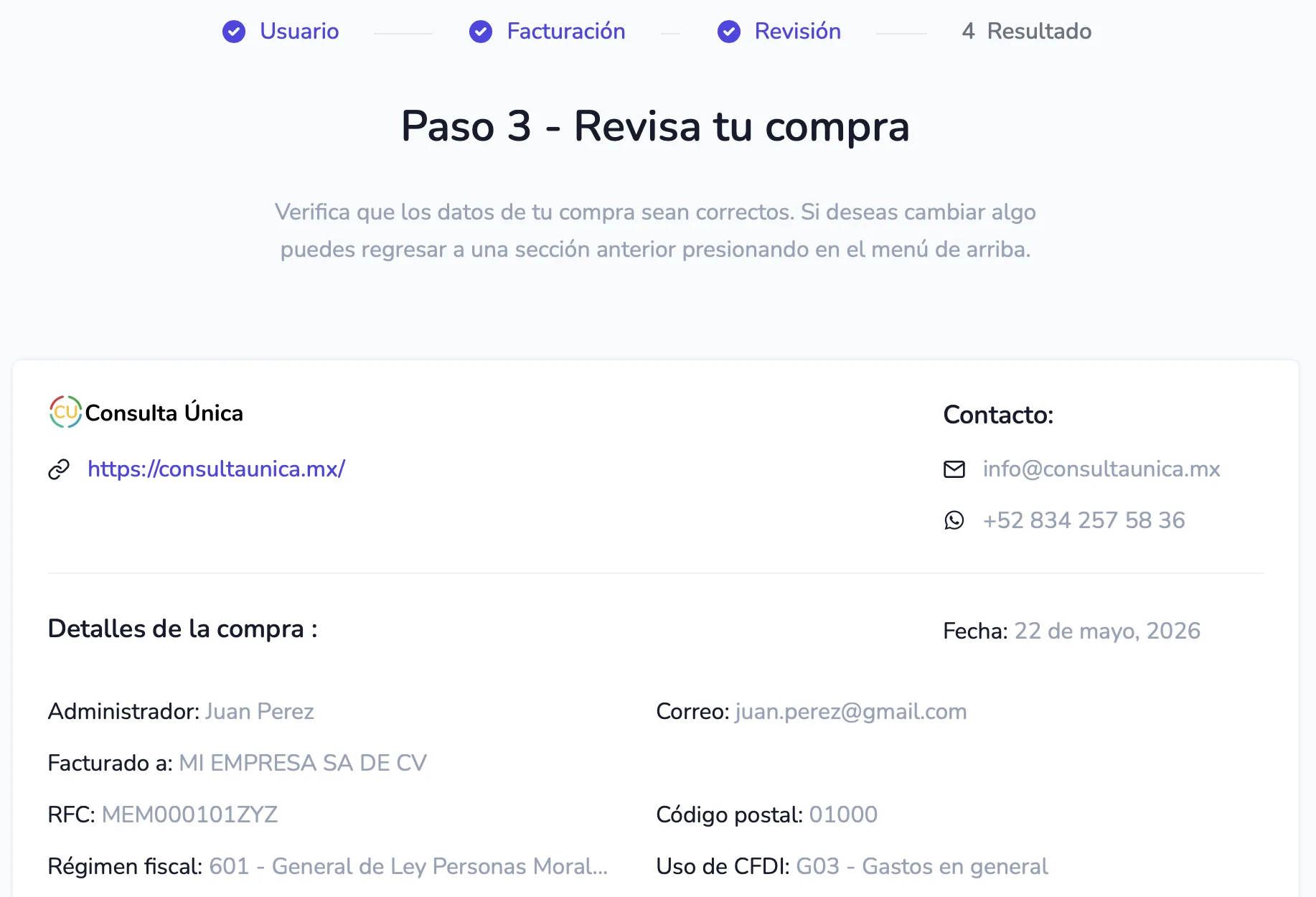 Resumen de compra con paquete, total y métodos de pago en el paso 3