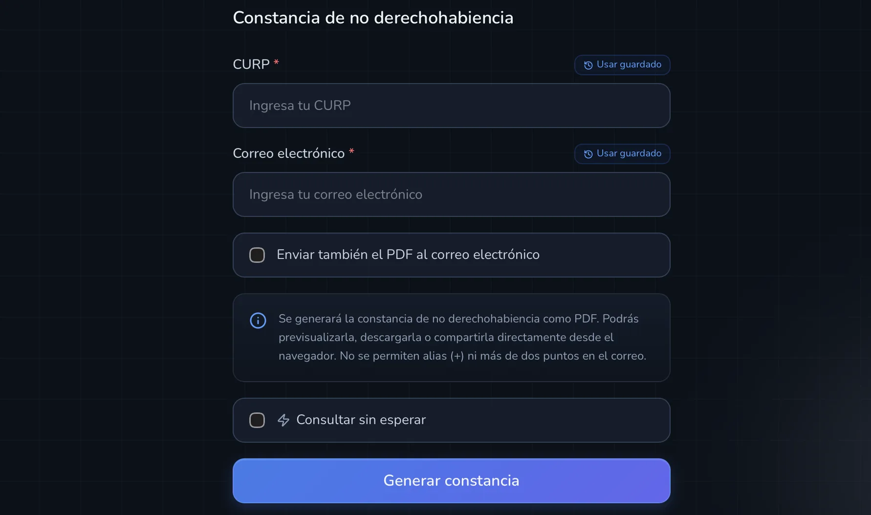 Formulario para generar constancia de no derechohabiencia IMSS