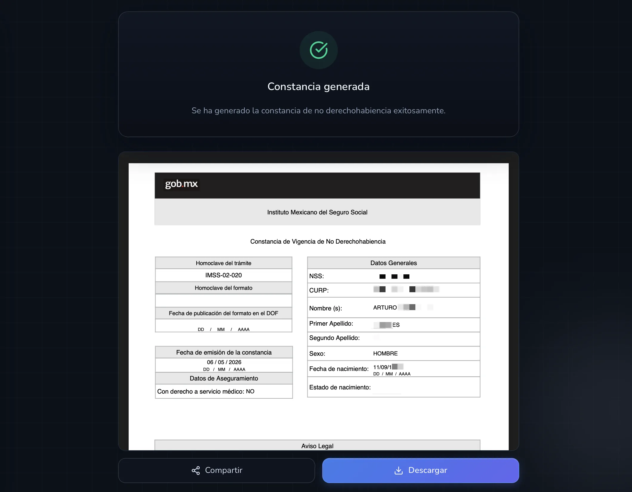 Visor de PDF de la constancia de no derechohabiencia en Consulta Única