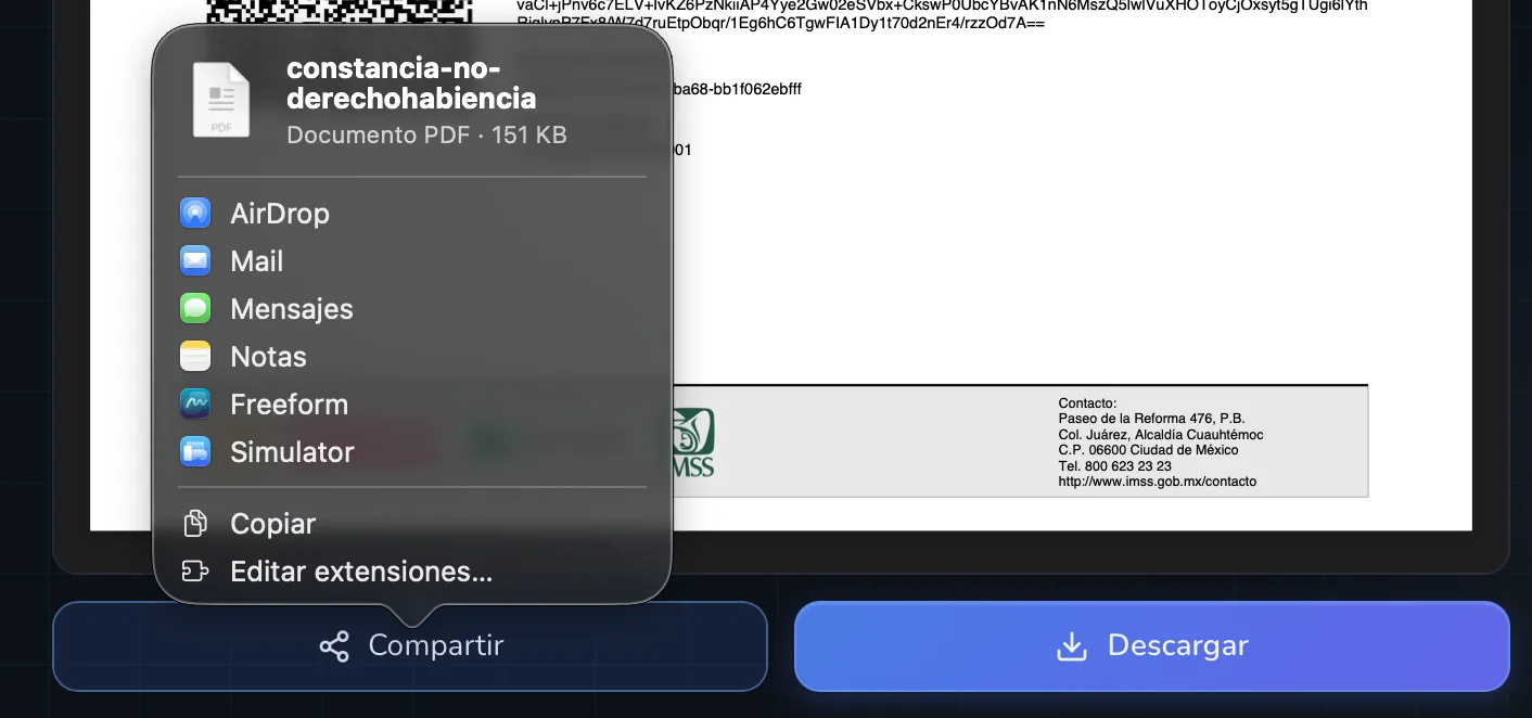 Opciones de descarga y envío por correo de la constancia de no derechohabiencia