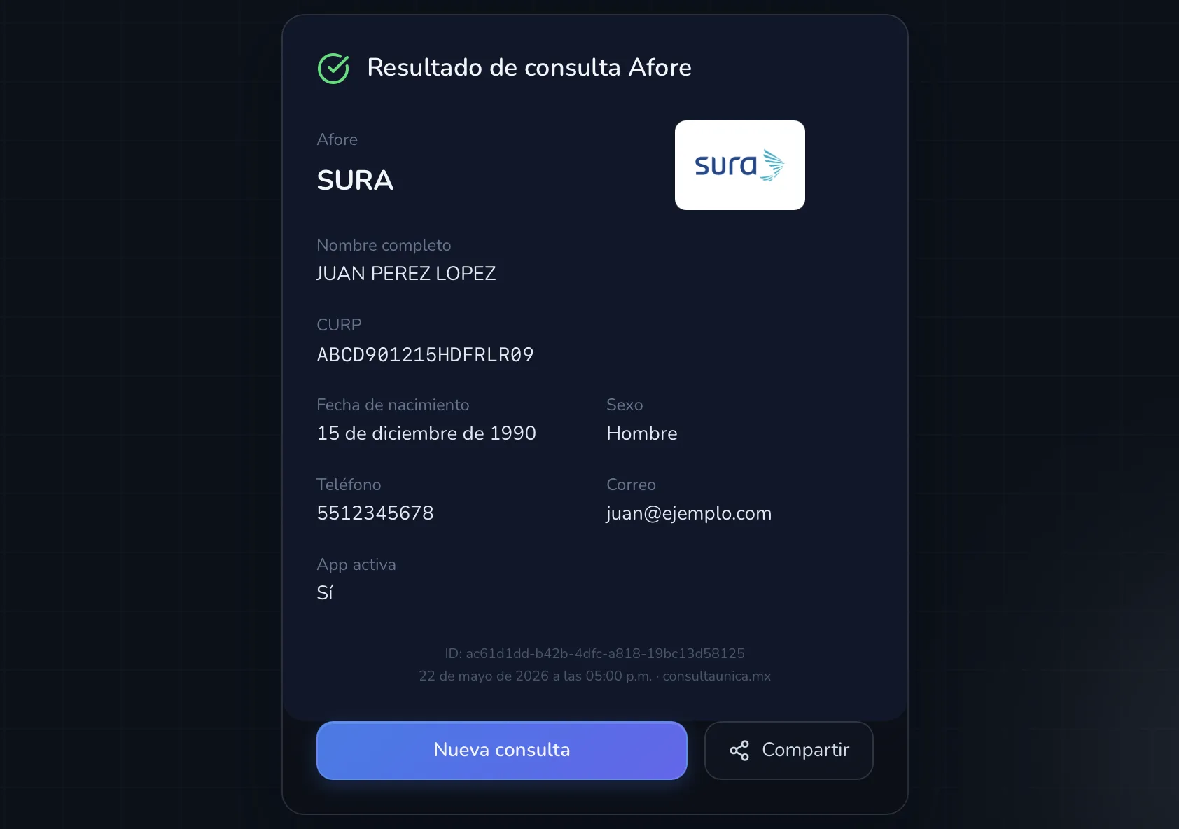 Resultado de la consulta rápida de Afore mostrando la administradora registrada