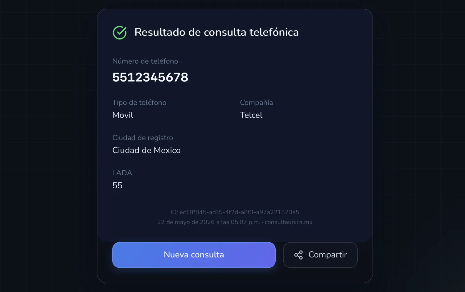 Resultado de la consulta IFETEL mostrando operador, tipo de línea y ciudad de registro
