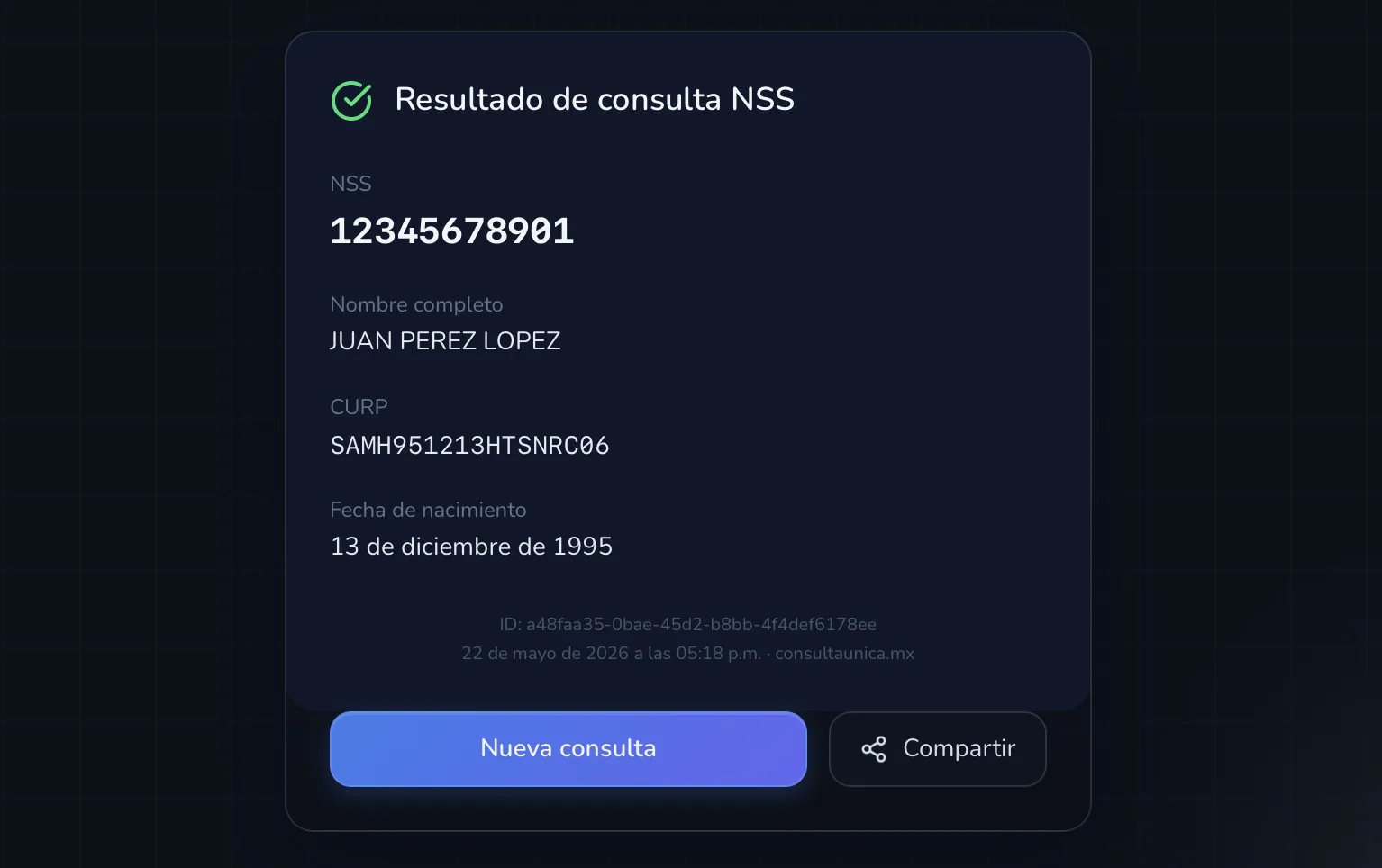 Resultado de consulta de NSS mostrando número, nombre y CURP