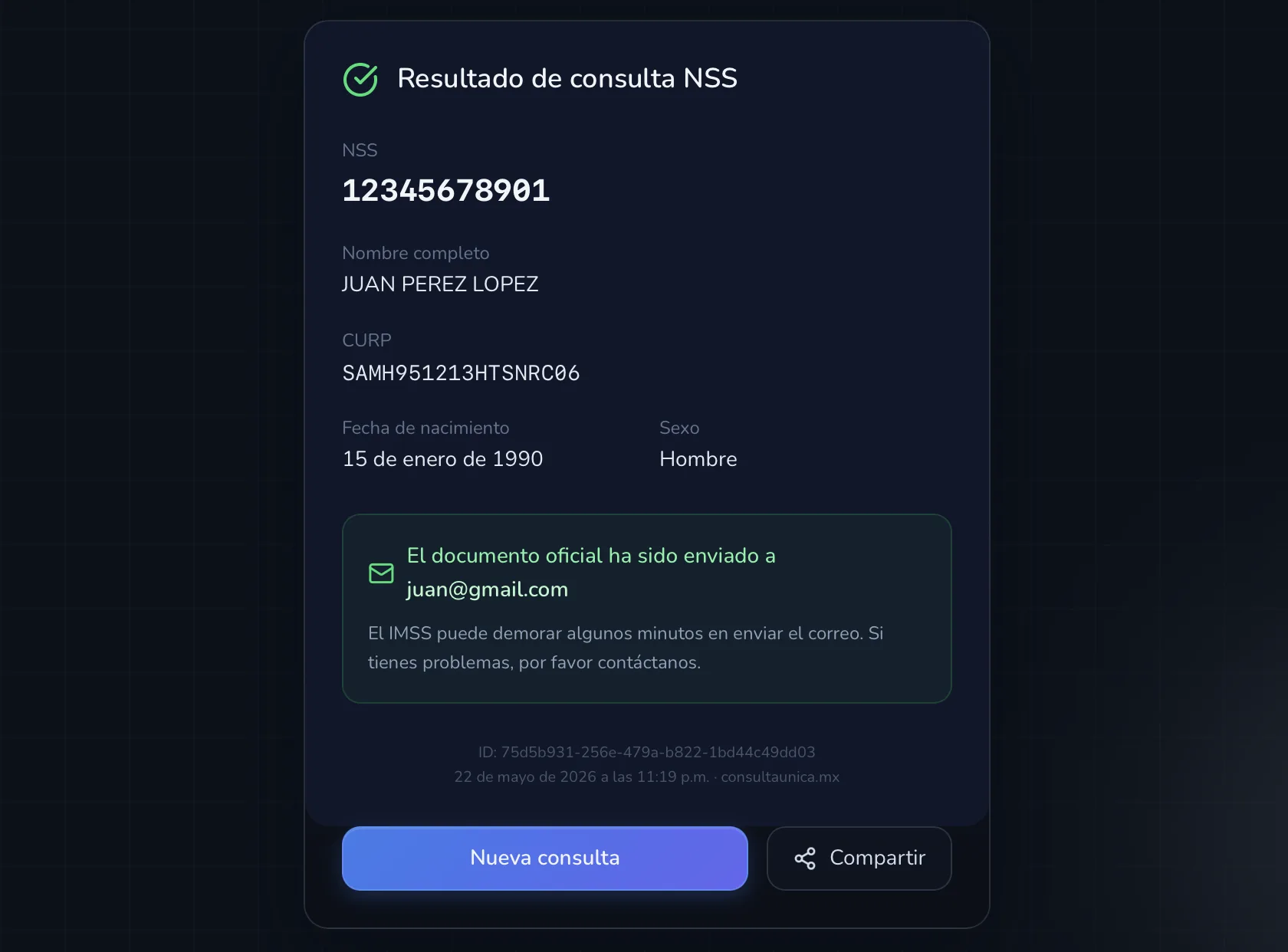 Pantalla de confirmación tras solicitar el documento oficial de NSS