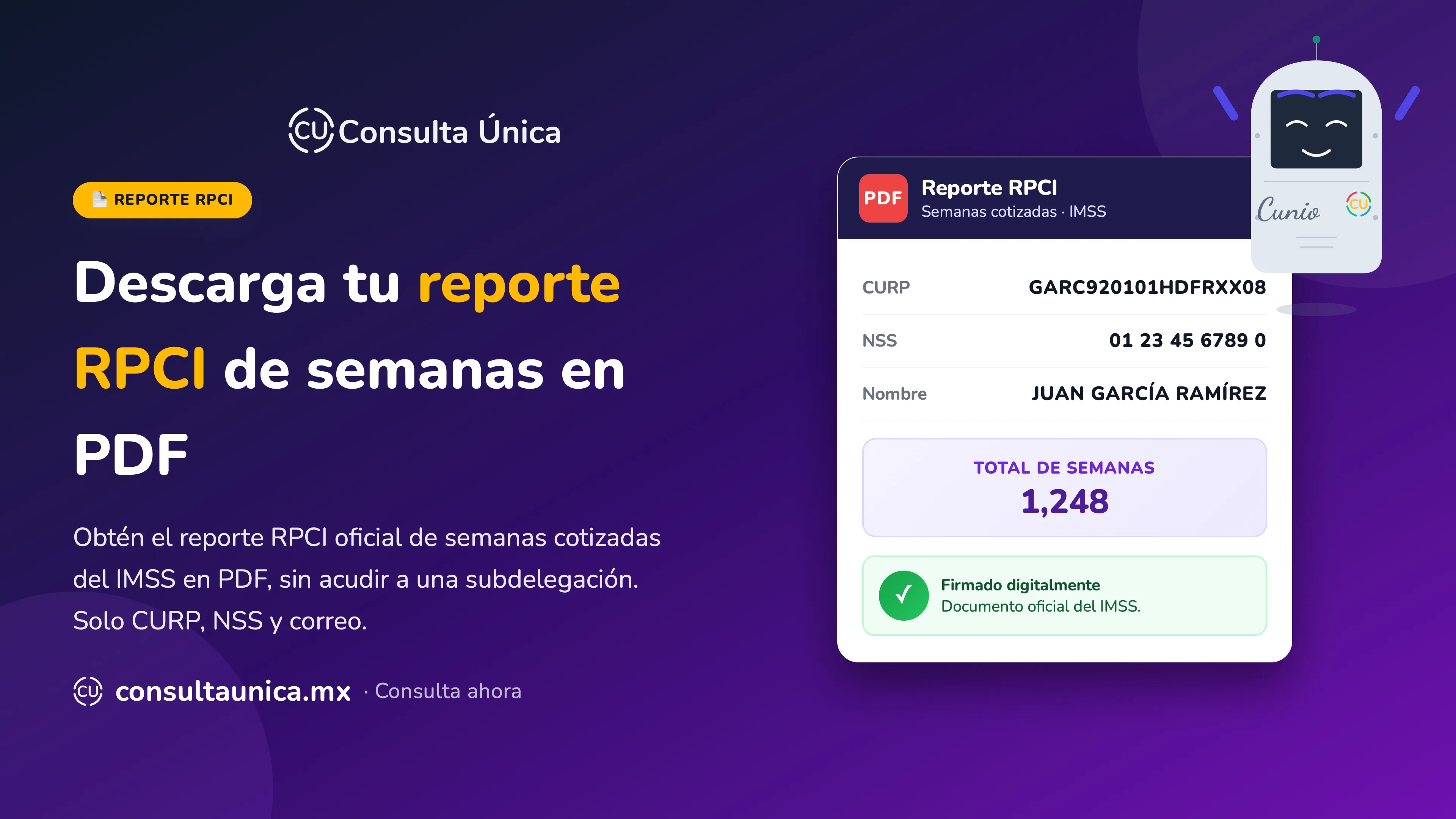 Reporte RPCI de semanas cotizadas IMSS en PDF — dashboard Consulta Única