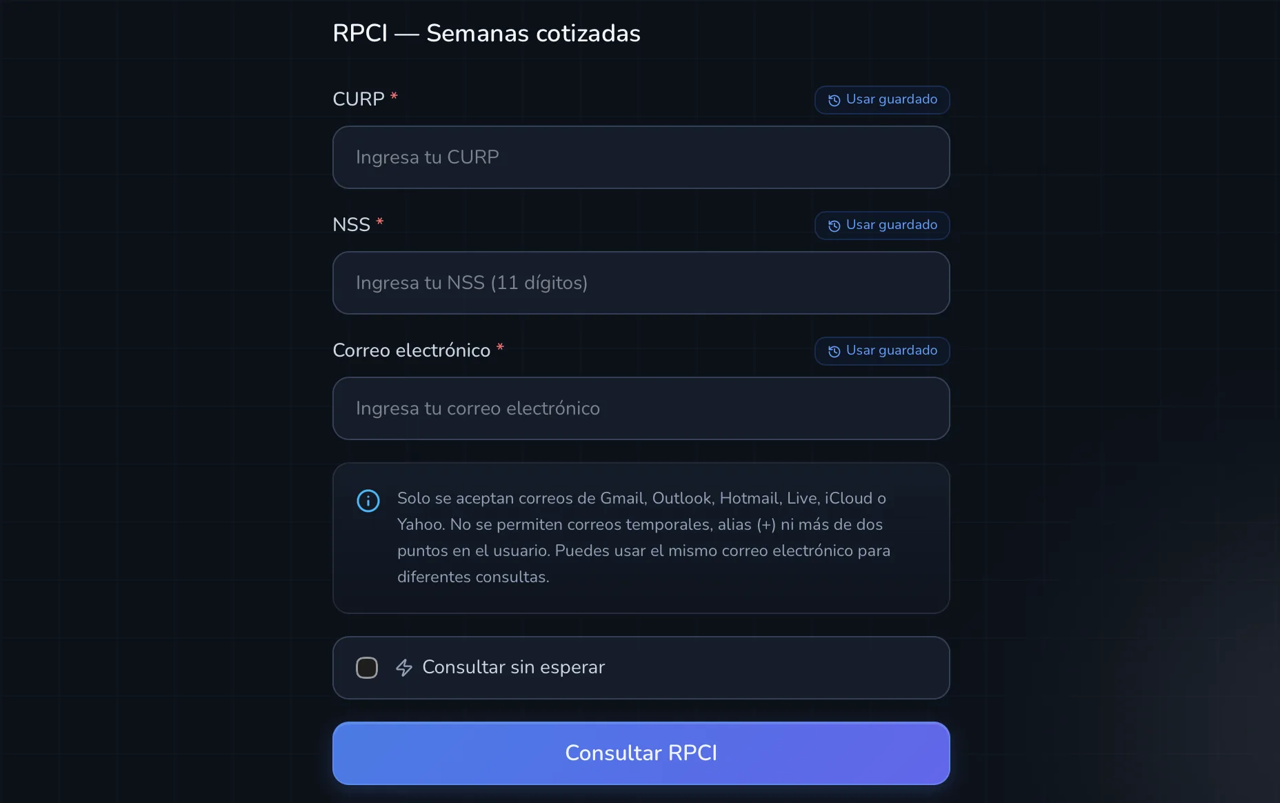 Formulario para generar el reporte RPCI de semanas cotizadas en PDF