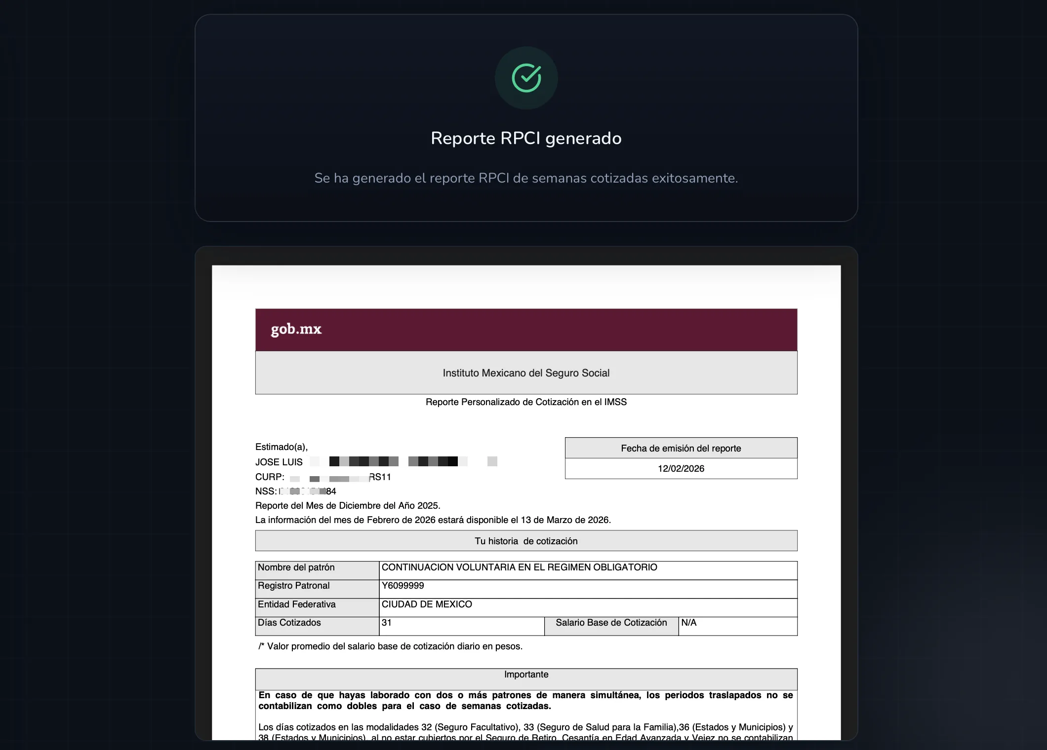 RPCI generado en PDF listo para descargar en Consulta Única