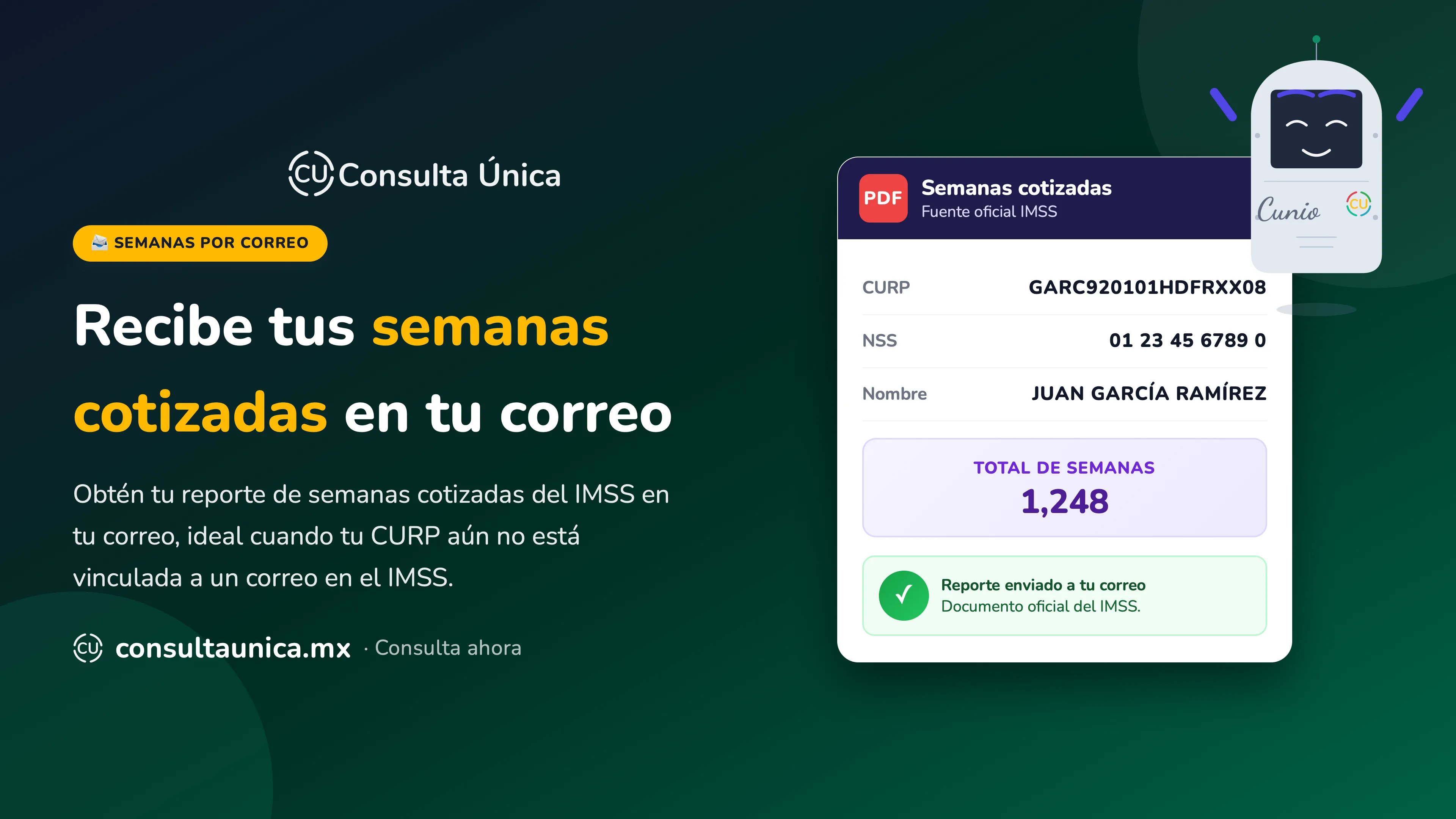 Semanas cotizadas IMSS por correo — dashboard Consulta Única