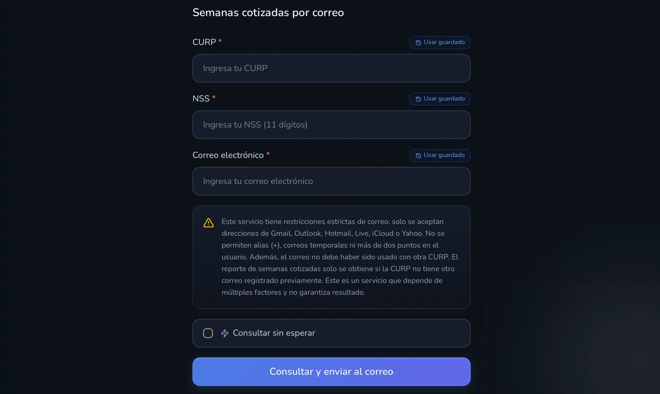 Formulario de semanas cotizadas por correo con campos CURP, NSS y correo electrónico
