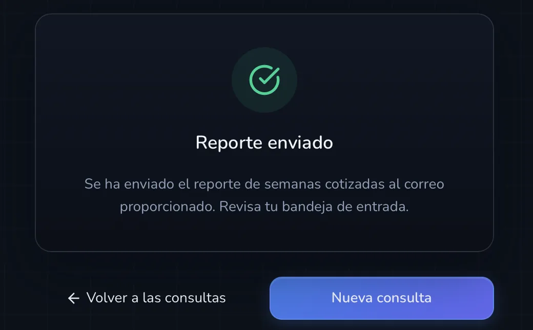 Confirmación en pantalla de solicitud de semanas cotizadas enviada por correo