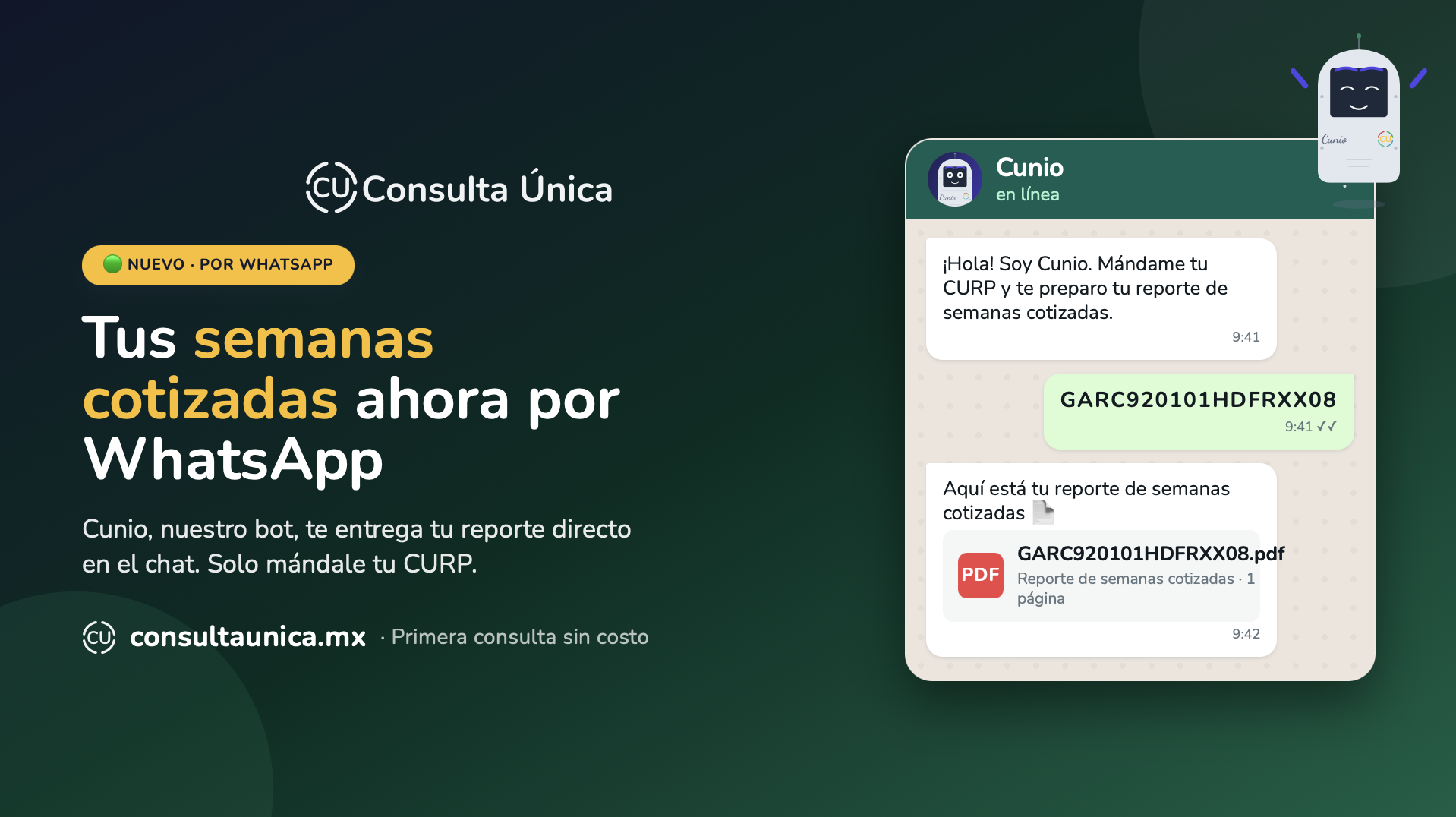Cunio, el bot de WhatsApp de Consulta Única para pedir semanas cotizadas del IMSS con tu CURP