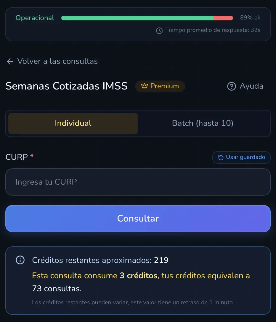 Formulario de consulta de Semanas Cotizadas IMSS Premium con campo CURP