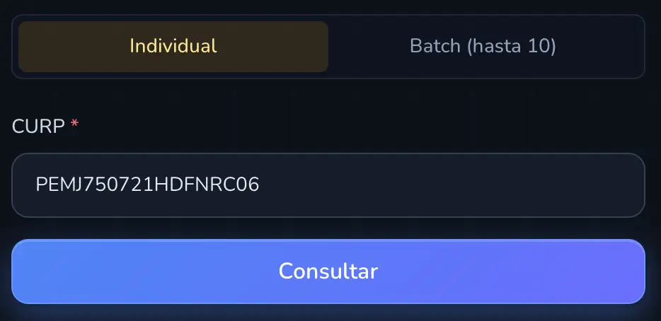 Formulario individual de SC Premium con CURP lista para enviar
