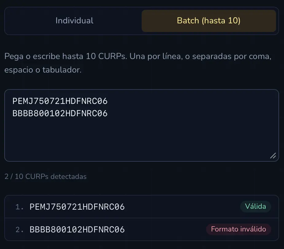 Modo batch de SC Premium con lista de CURPs y validación por línea
