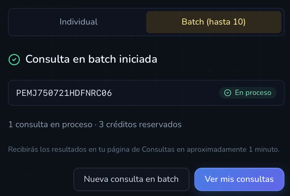Modal de confirmación de consulta batch en SC Premium
