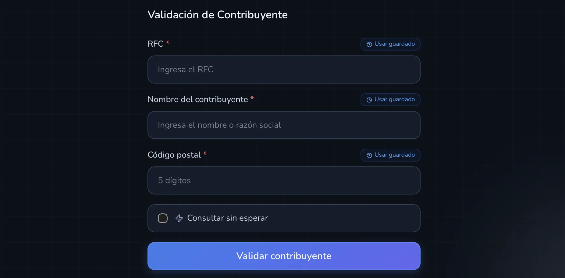 Formulario de validación de contribuyente con campos RFC, nombre fiscal y código postal