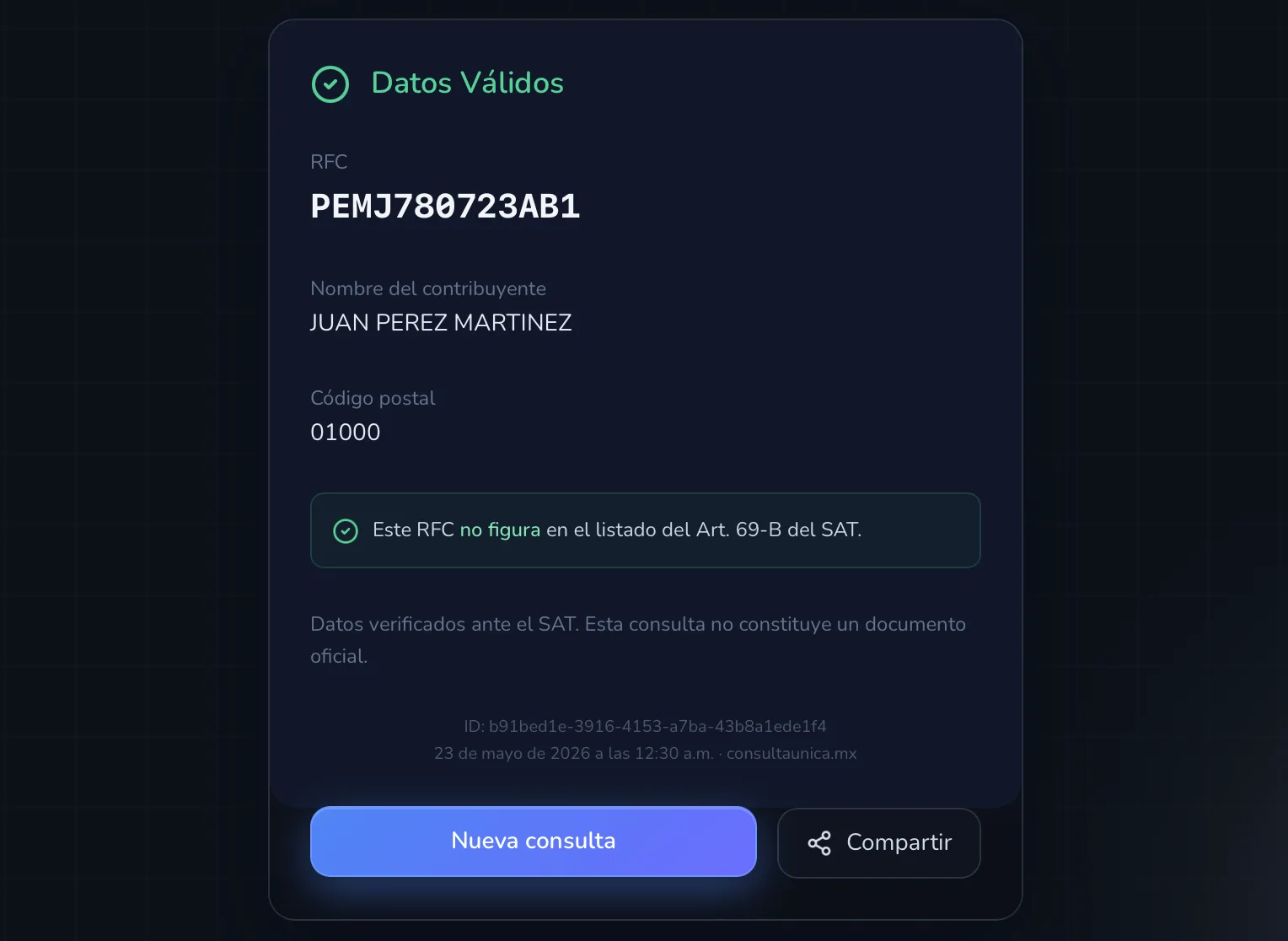 Resultado de validación de contribuyente mostrando si los datos son válidos ante el SAT
