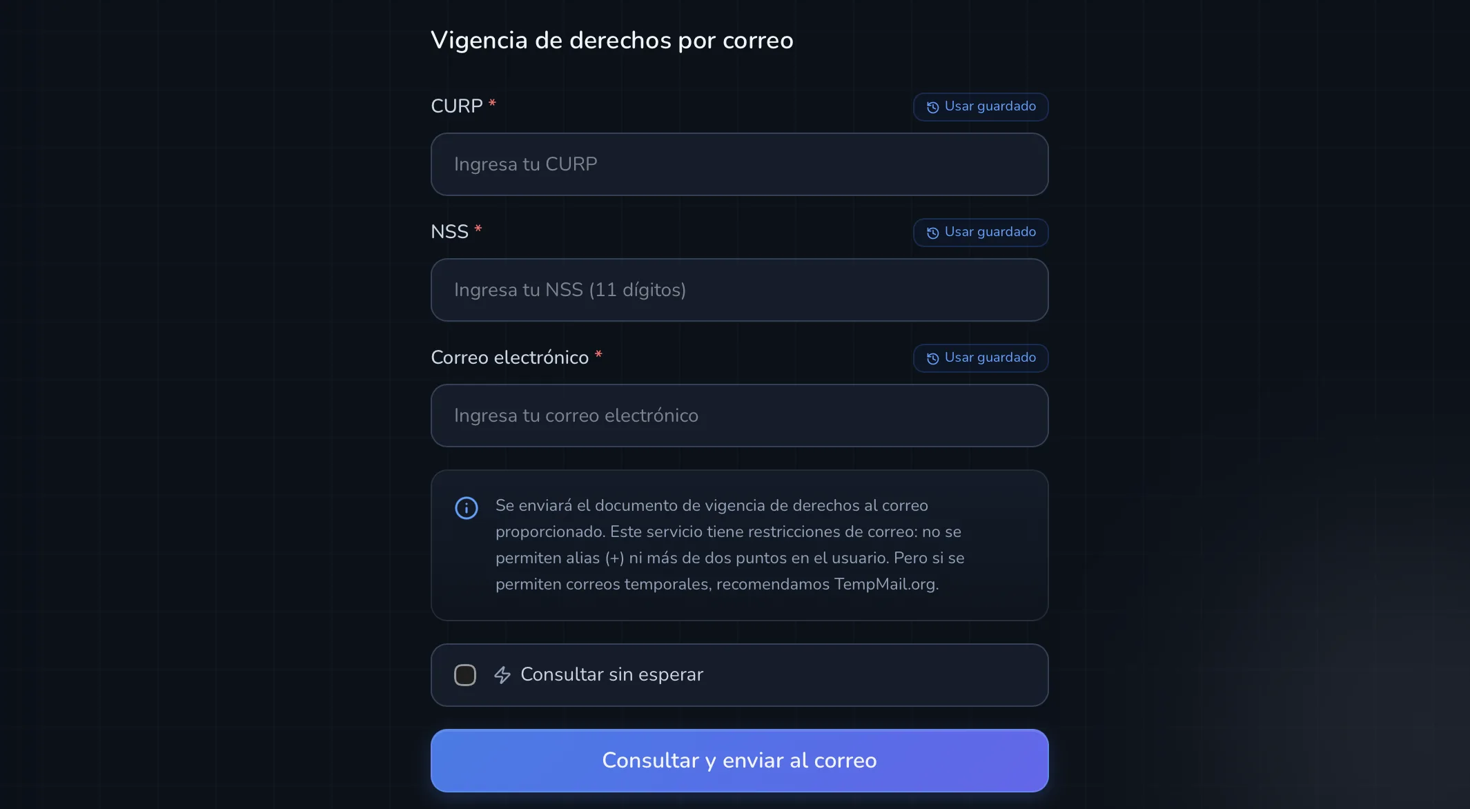 Formulario de vigencia de derechos IMSS con campos CURP, NSS y correo