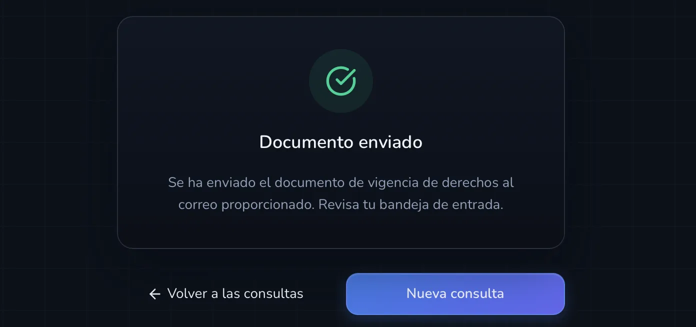Confirmación en pantalla de solicitud de vigencia de derechos enviada por correo